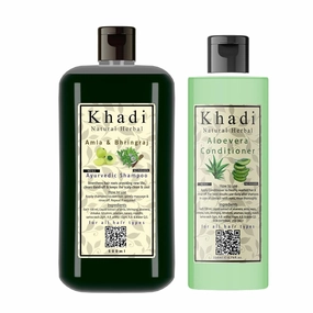 Khadi Natural Herbal Amla Bhringraj Shampoo 500 ml & Aloevera Conditioner 200 ml Combo - Hair Growth & Fall Control - Suitable for All Hair Types - Paraben & SLS Free