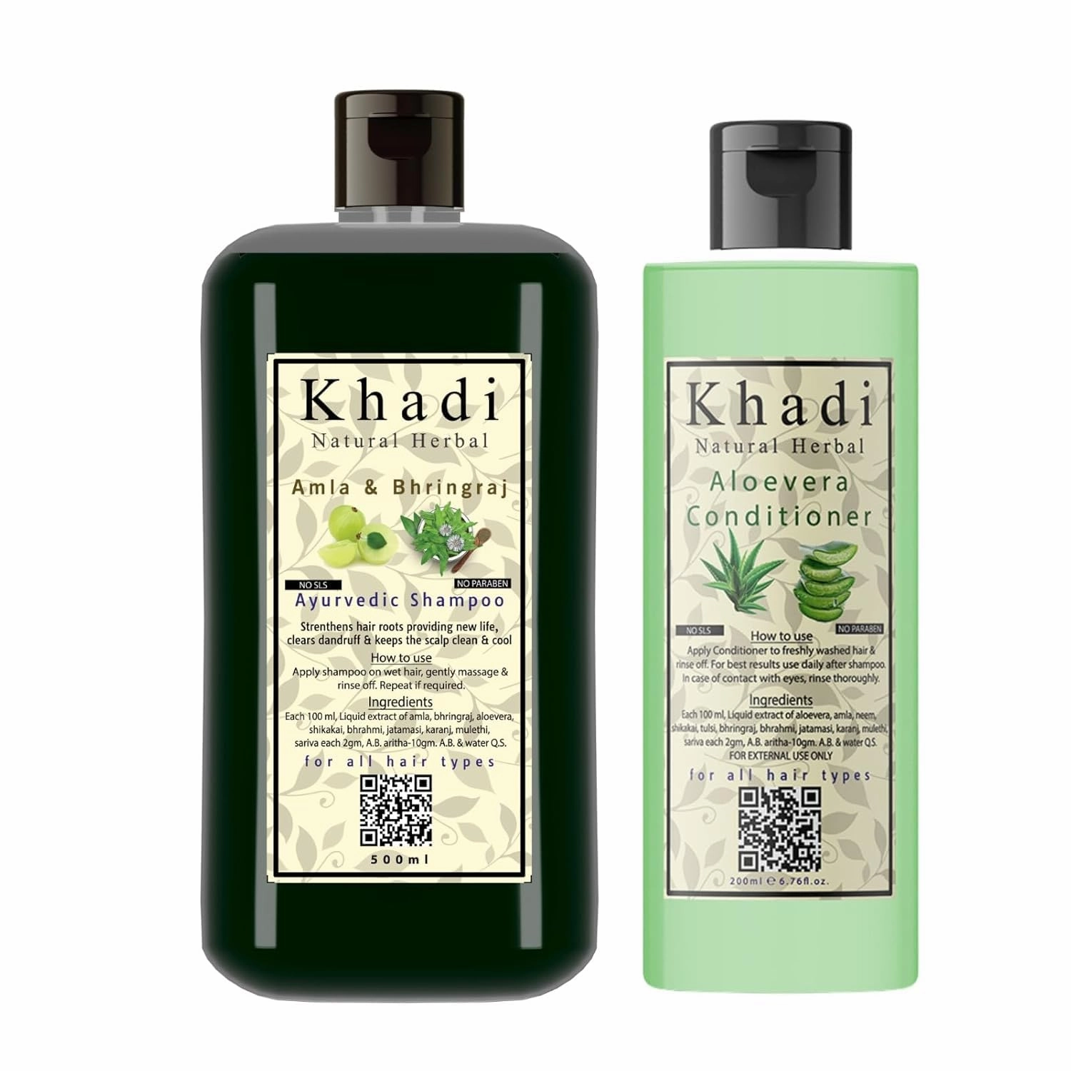 Khadi Natural Herbal Amla Bhringraj Shampoo 500 ml & Aloevera Conditioner 200 ml Combo - Hair Growth & Fall Control - Suitable for All Hair Types - Paraben & SLS Free