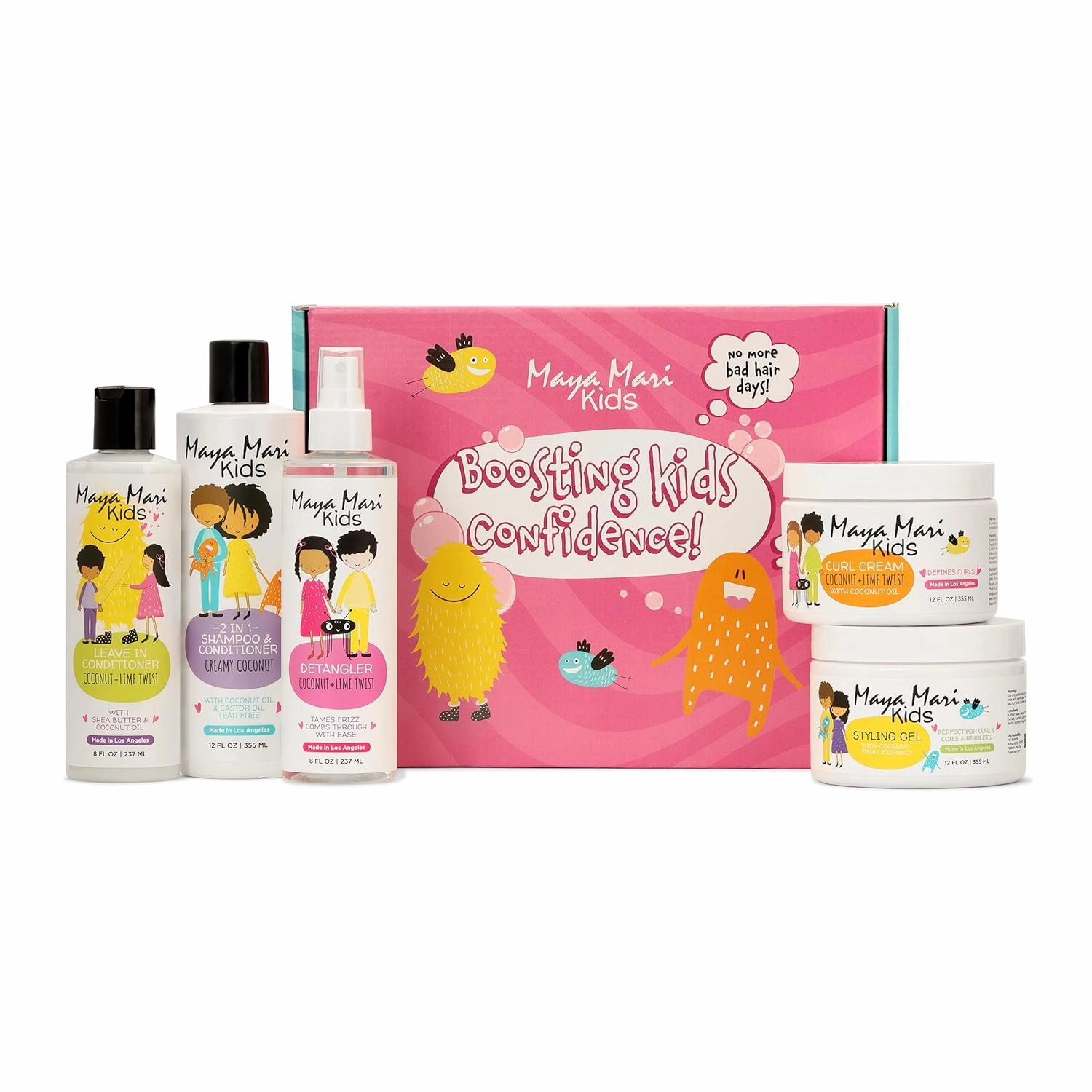 Kids All-in-One Essential Hair Set | 2 in 1 Kids Shampoo and Conditioner, Curl Cream, Leave-in Conditioner, Hair Gel, & Detangler Spray - 5 Piece Set Haircare