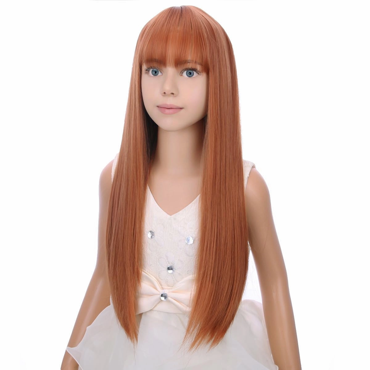 Kids Auburn Wig with Bangs Child Long Straight Orange Wig Girls Ginger Long Synthetic Wig with Wig Cap