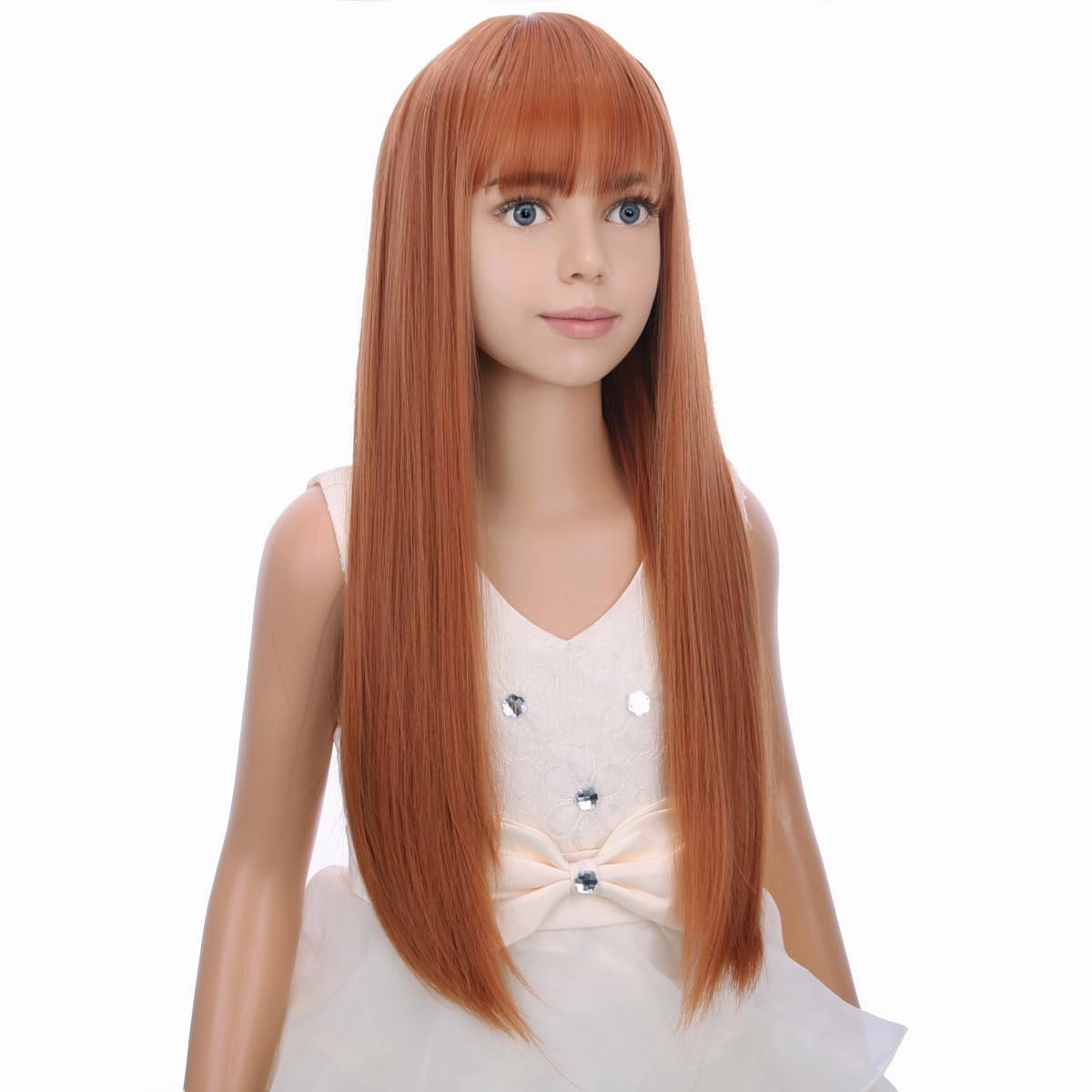 Kids Auburn Wig with Bangs Child Long Straight Orange Wig Girls Ginger Long Synthetic Wig with Wig Cap