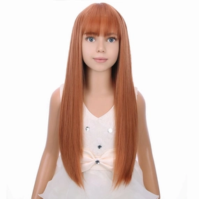 Kids Auburn Wig with Bangs Child Long Straight Orange Wig Girls Ginger Long Synthetic Wig with Wig Cap