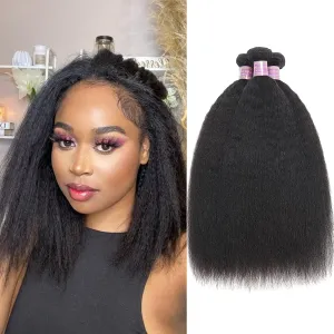 Kinky Straight Human Hair 3Bundles Natural Black Yaki Straigh Brazilian Virgin Remy Hair Grade 10A 100% Unprocessed Kinky Straight Human Hair Extensions (8 10 12 Inch, 3 Bundles)
