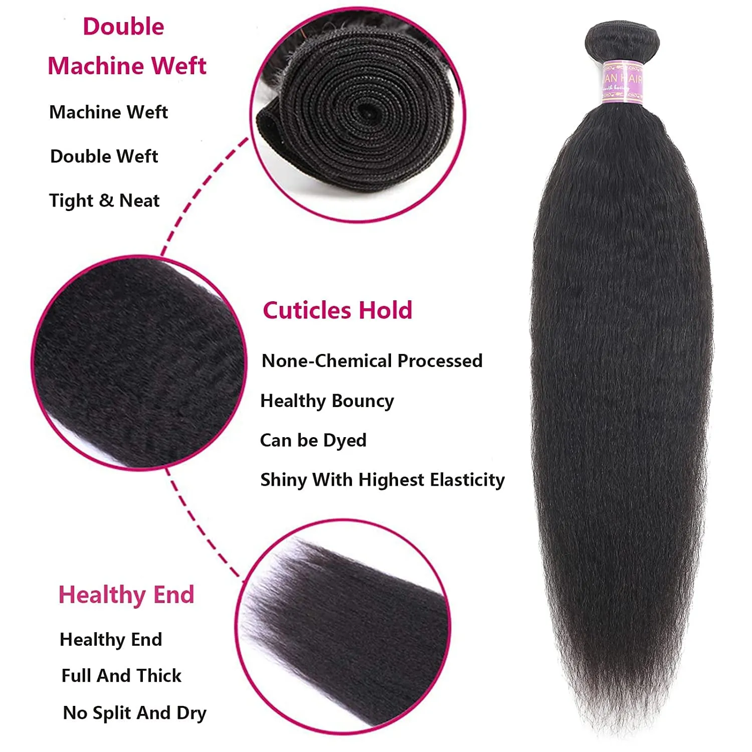 Kinky Straight Human Hair 3Bundles Natural Black Yaki Straigh Brazilian Virgin Remy Hair Grade 10A 100% Unprocessed Kinky Straight Human Hair Extensions (8 10 12 Inch, 3 Bundles)