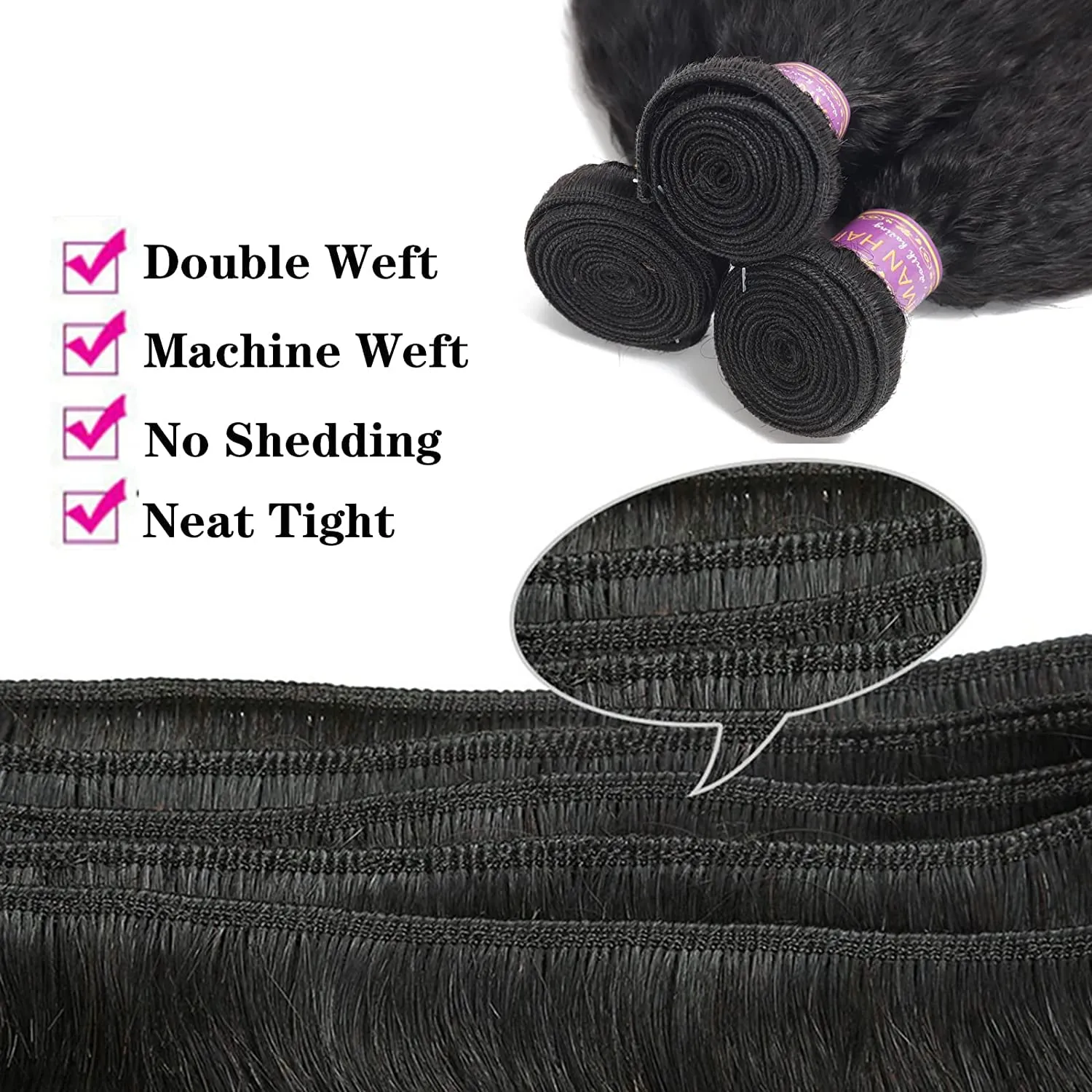Kinky Straight Human Hair 3Bundles Natural Black Yaki Straigh Brazilian Virgin Remy Hair Grade 10A 100% Unprocessed Kinky Straight Human Hair Extensions (8 10 12 Inch, 3 Bundles)