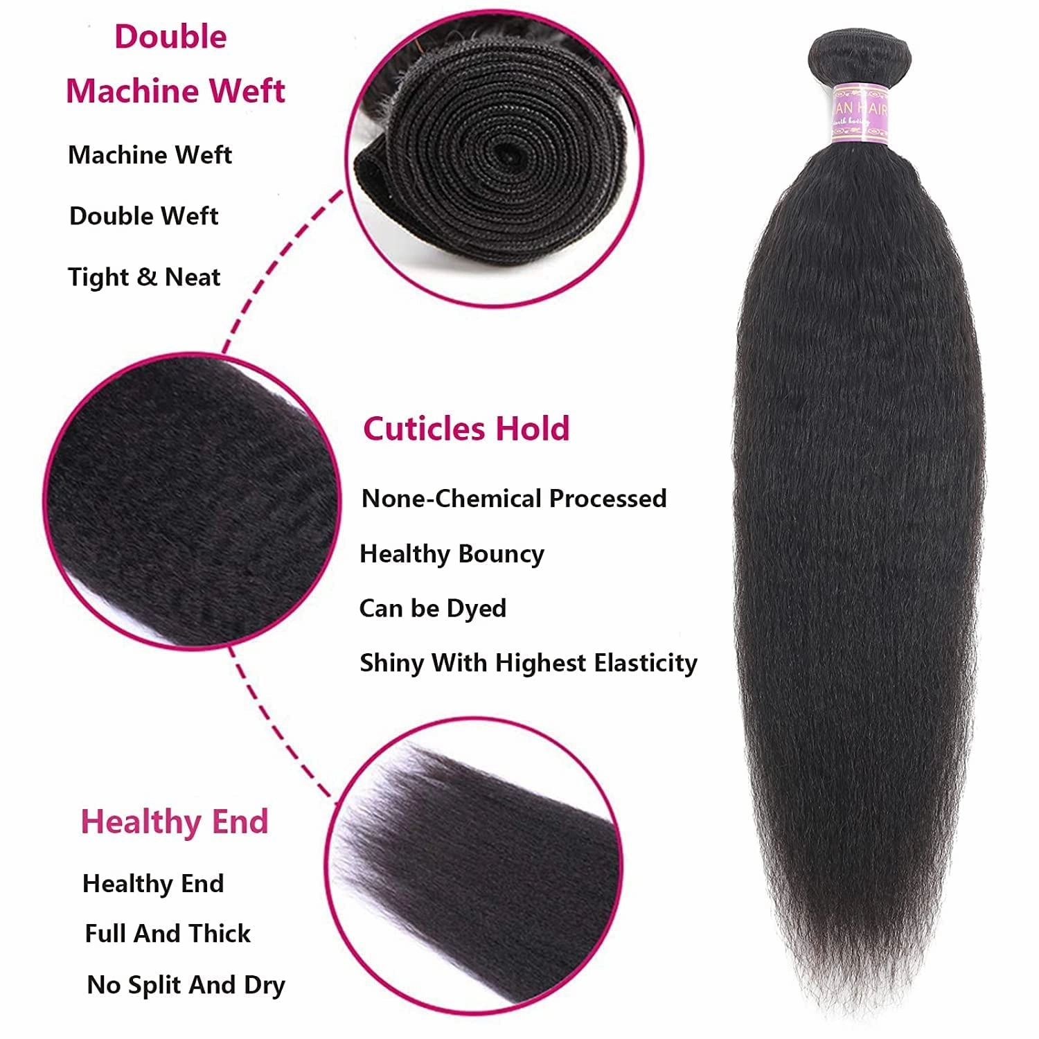 Kinky Straight Human Hair Bundles 28Inch Yaki Straight Human Hair Extensions 1 Bundles Unprocessed Brazilian Virgin Kinky Straight Human Hair For Black Women Natural Black