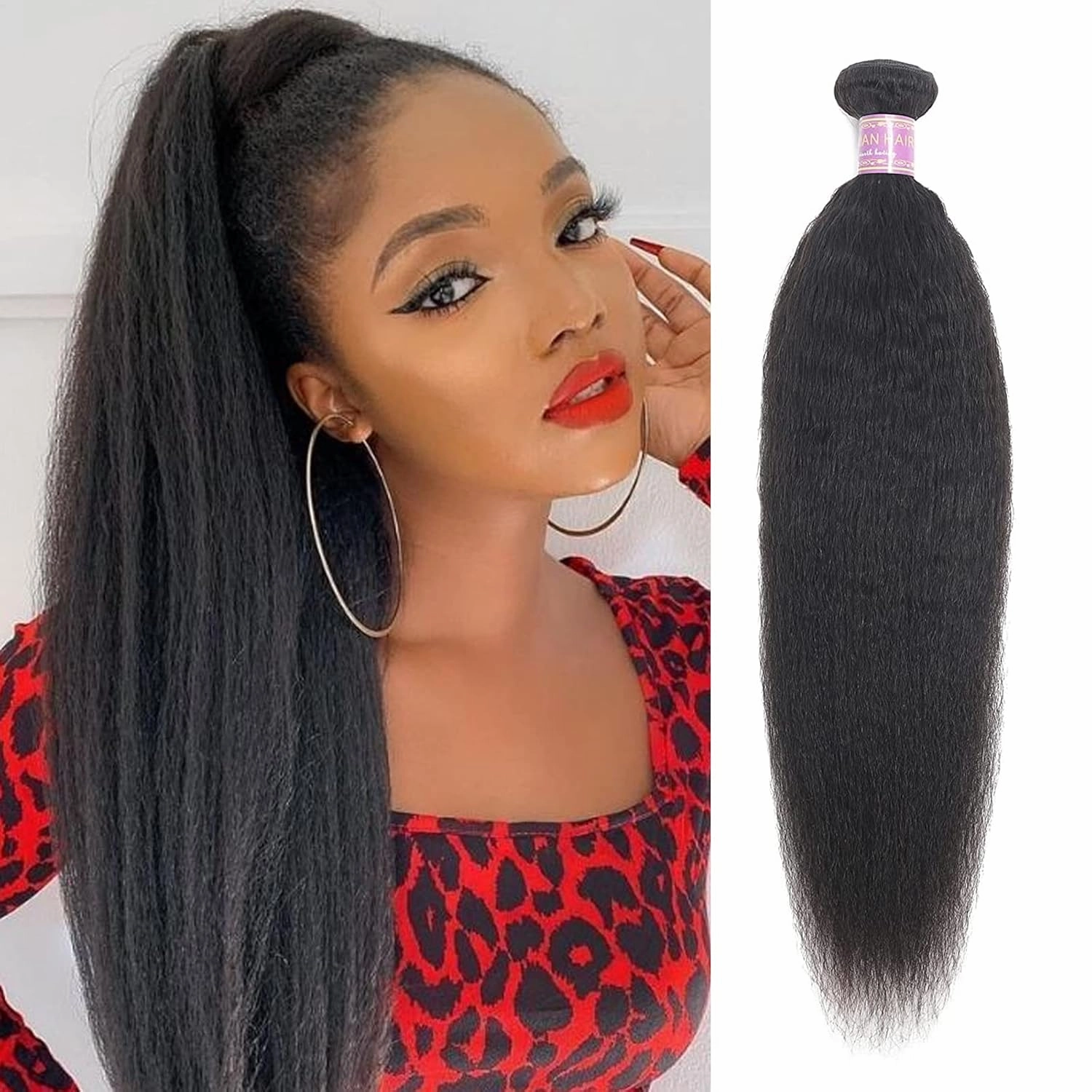 Kinky Straight Human Hair Bundles 28Inch Yaki Straight Human Hair Extensions 1 Bundles Unprocessed Brazilian Virgin Kinky Straight Human Hair For Black Women Natural Black