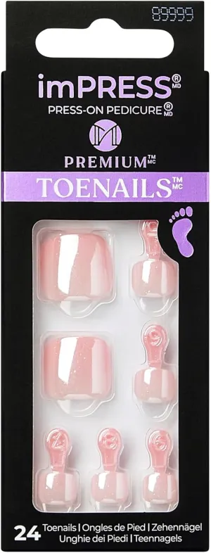 KISS imPRESS No Glue Pedi Press-On Toenails, Light Pink Nails with Pearl, Squoval Shape, Includes 24 Nails, Prep Pad, 1 Manicure Stick, 1 Mini File