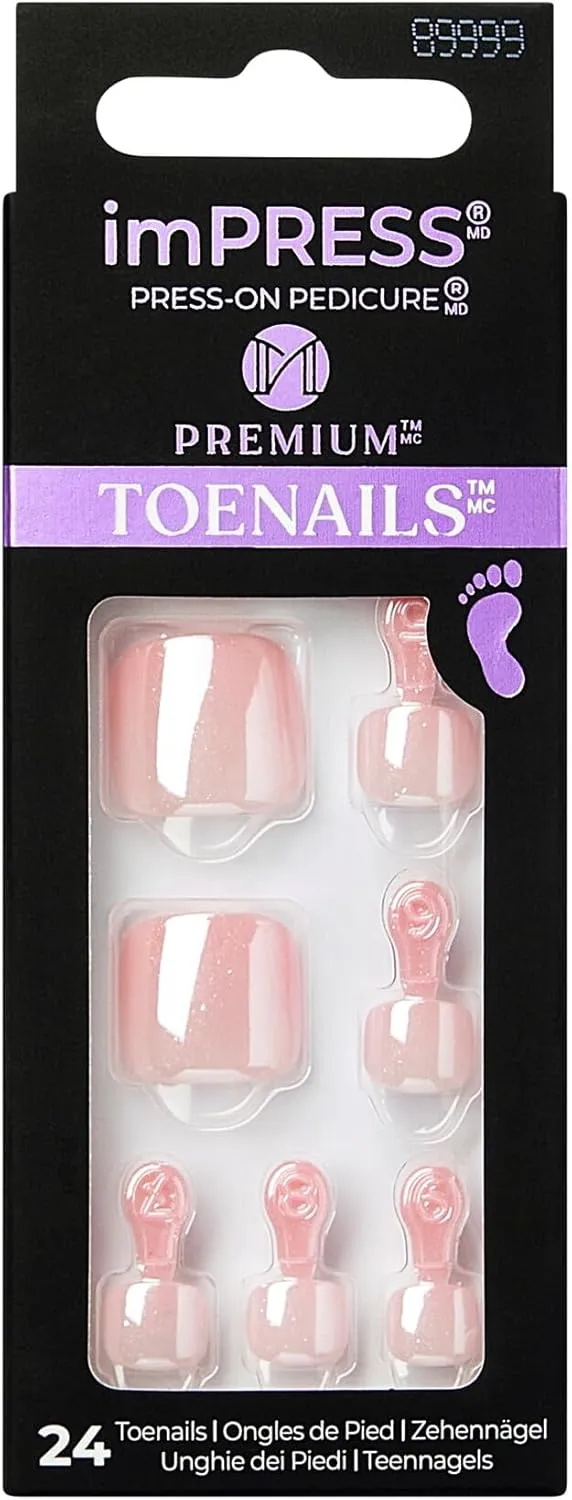 KISS imPRESS No Glue Pedi Press-On Toenails, Light Pink Nails with Pearl, Squoval Shape, Includes 24 Nails, Prep Pad, 1 Manicure Stick, 1 Mini File
