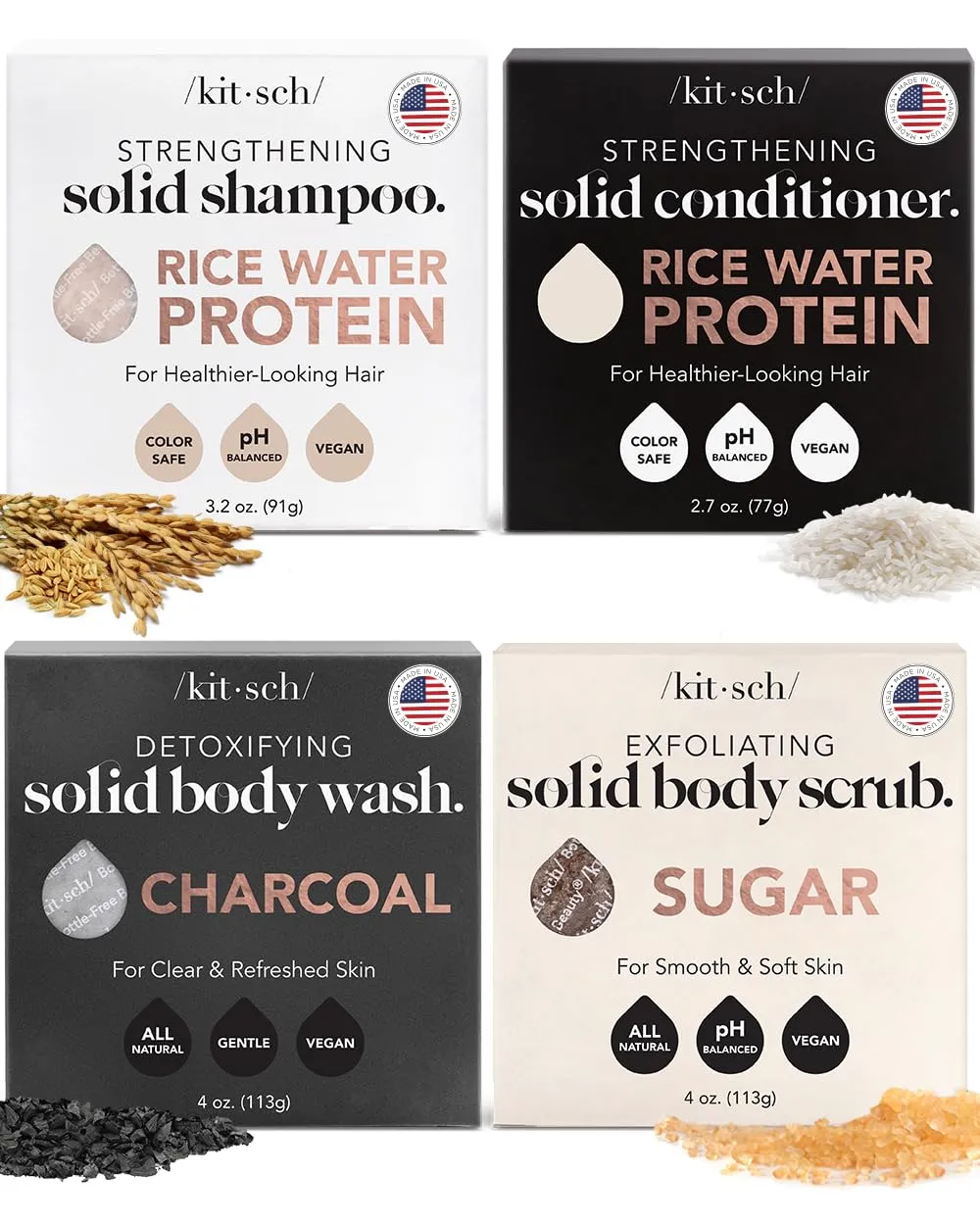Kitsch 4pc Set - Rice Water Shampoo & Conditioner Bar, Charcoal Body Soap & Sugar Scrub Bar, Solid Bars with Castor Oil & Coconut Oil, Vegan, Paraben-Free, Hair & Body Care