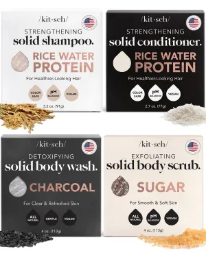 Kitsch 4pc Set - Rice Water Shampoo & Conditioner Bar, Charcoal Body Soap & Sugar Scrub Bar, Solid Bars with Castor Oil & Coconut Oil, Vegan, Paraben-Free, Hair & Body Care
