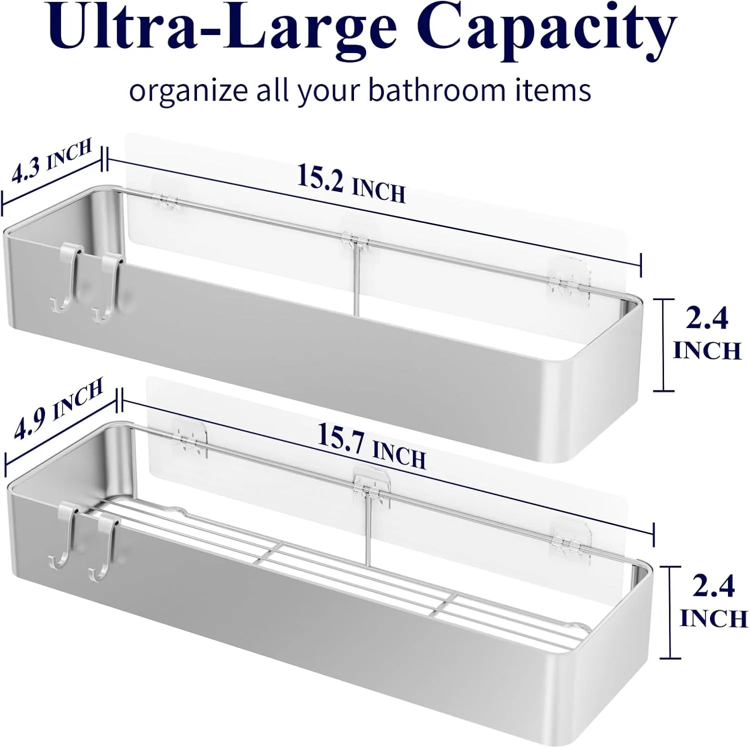 Kitsure X-Large Shower Caddy - 2 Pack Adhesive Shower Organizer, Rustproof Stainless Steel Shelves, No-Drill Bathroom Organizers and Storage, Silver