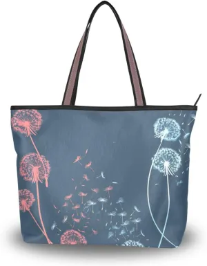 KLL silk fabric zippered shoulder tote bag stylish large handbags for women for shopping Peach Blue Dandelions Flowers Dark Blue Background size 15.7x11.4 in