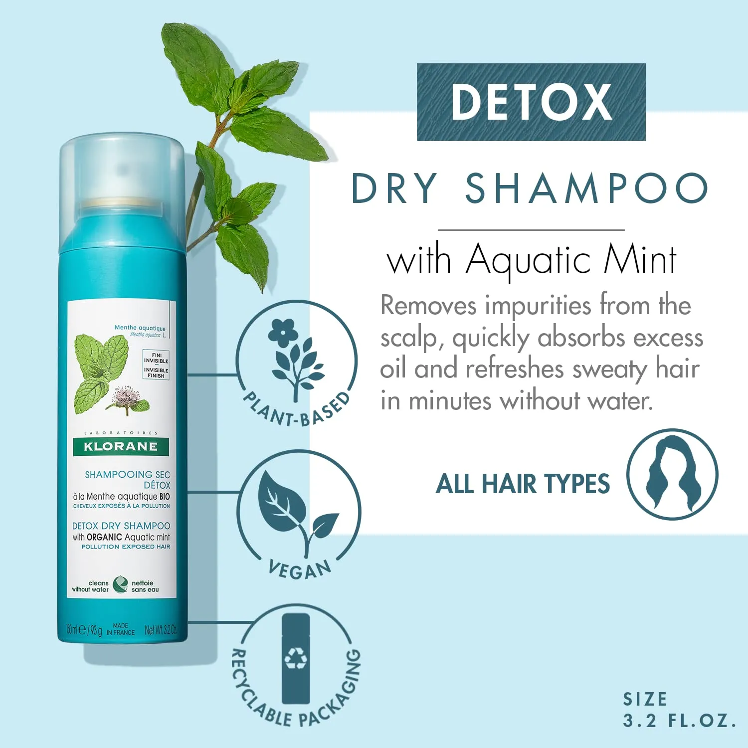 Klorane Detox Dry Shampoo with Aquatic Mint, All Hair Types, Invisible Finish, Cooling, Paraben & Sulfate-Free