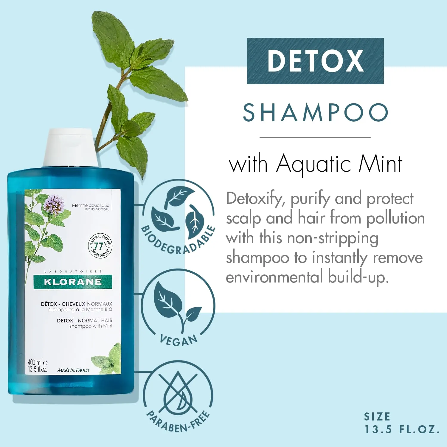 Klorane - Detox Shampoo with Aquatic Mint for Dull Hair - Purifies, Protects & Invigorates Hair - Visibly Increases Shine