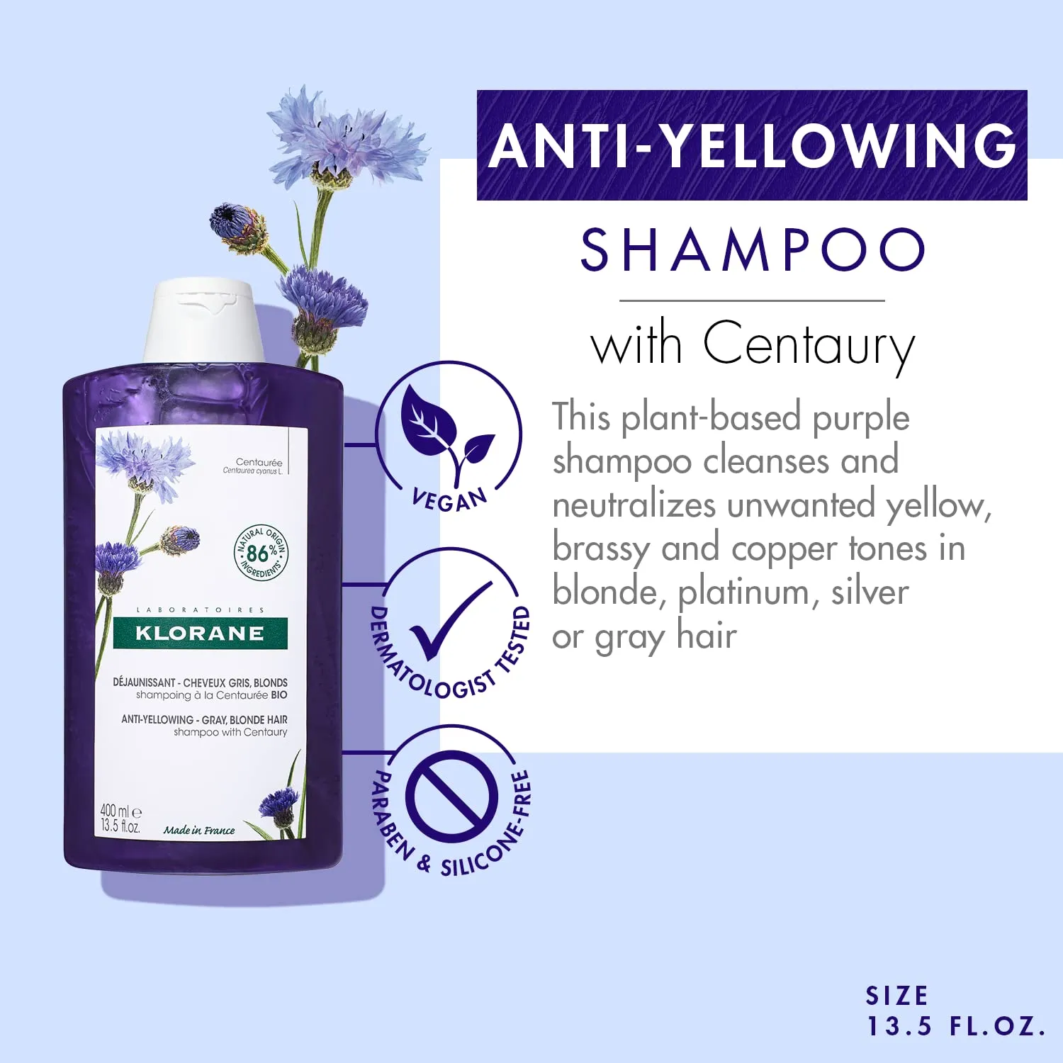 Klorane Shampoo with Centaury - Brightens Blonde, Platinum, Silver, Gray or White Hair - Neutralizes Unwanted Yellow, Brassy, and Copper Tones - Paraben, Silicone and Sulfate-Free