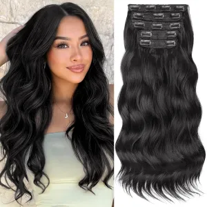KooKaStyle Hair Extensions 5PCS Long Wavy Upgrate Invisible Full Coverage Edges Seamless Clip in Extensions for Women 20 Inch Natural Black Synthetic Natural Hairpieces