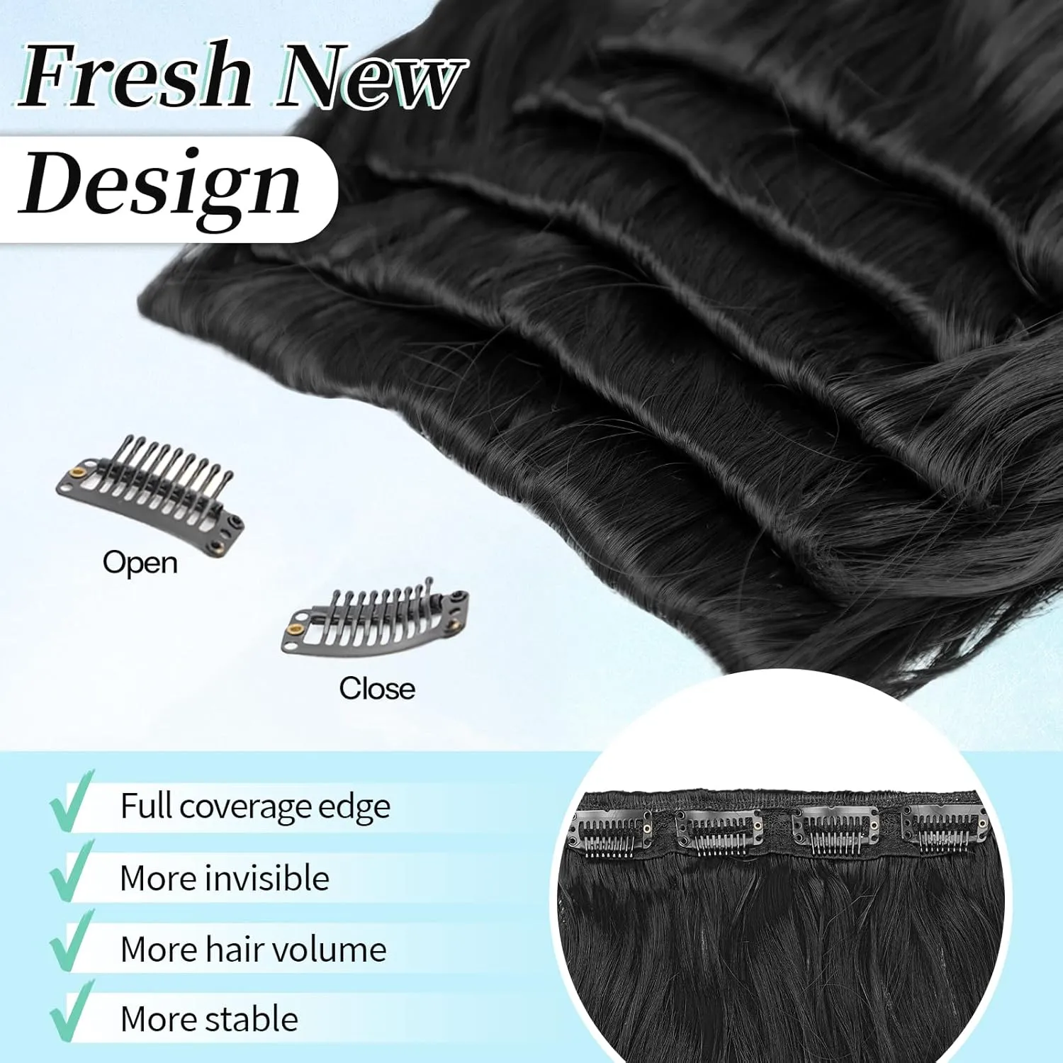 KooKaStyle Hair Extensions 5PCS Long Wavy Upgrate Invisible Full Coverage Edges Seamless Clip in Extensions for Women 20 Inch Natural Black Synthetic Natural Hairpieces