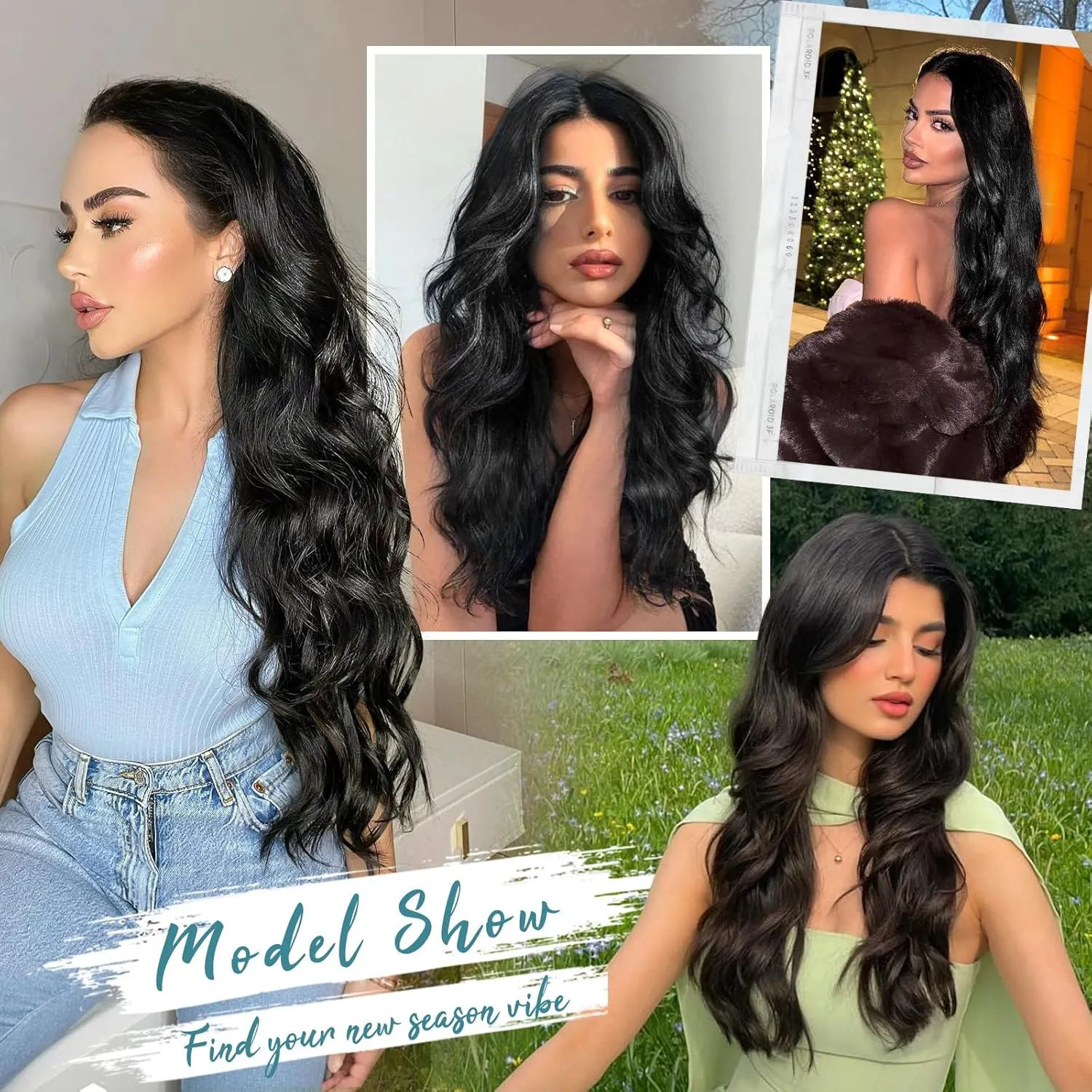 KooKaStyle Hair Extensions 5PCS Long Wavy Upgrate Invisible Full Coverage Edges Seamless Clip in Extensions for Women 20 Inch Natural Black Synthetic Natural Hairpieces