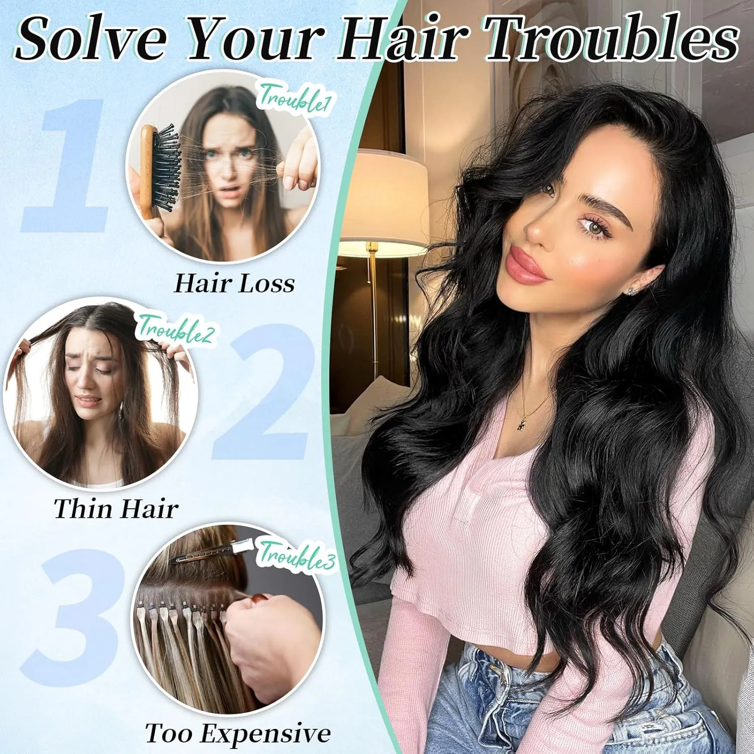 KooKaStyle Hair Extensions 5PCS Long Wavy Upgrate Invisible Full Coverage Edges Seamless Clip in Extensions for Women 20 Inch Natural Black Synthetic Natural Hairpieces