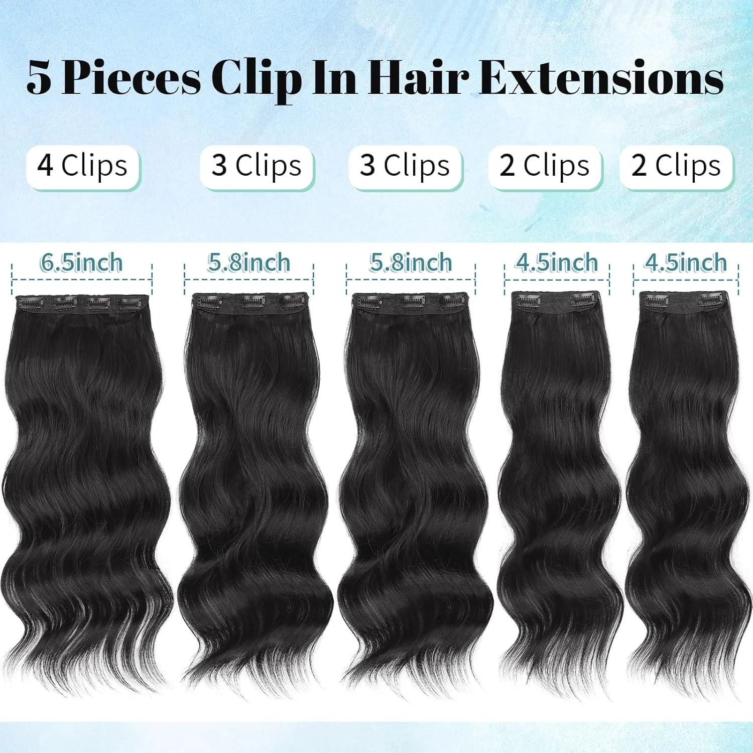 KooKaStyle Hair Extensions 5PCS Long Wavy Upgrate Invisible Full Coverage Edges Seamless Clip in Extensions for Women 20 Inch Natural Black Synthetic Natural Hairpieces
