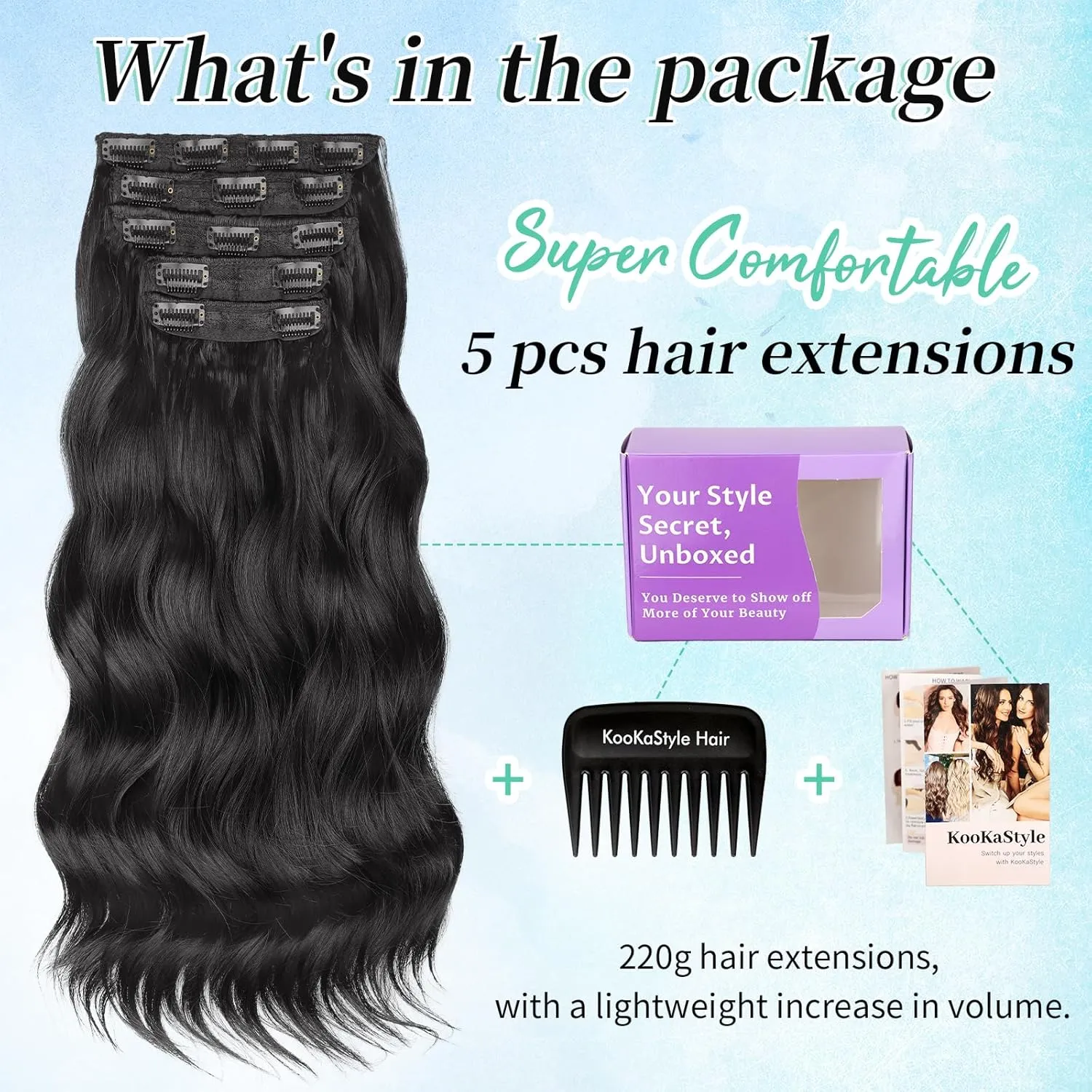 KooKaStyle Hair Extensions 5PCS Long Wavy Upgrate Invisible Full Coverage Edges Seamless Clip in Extensions for Women 20 Inch Natural Black Synthetic Natural Hairpieces