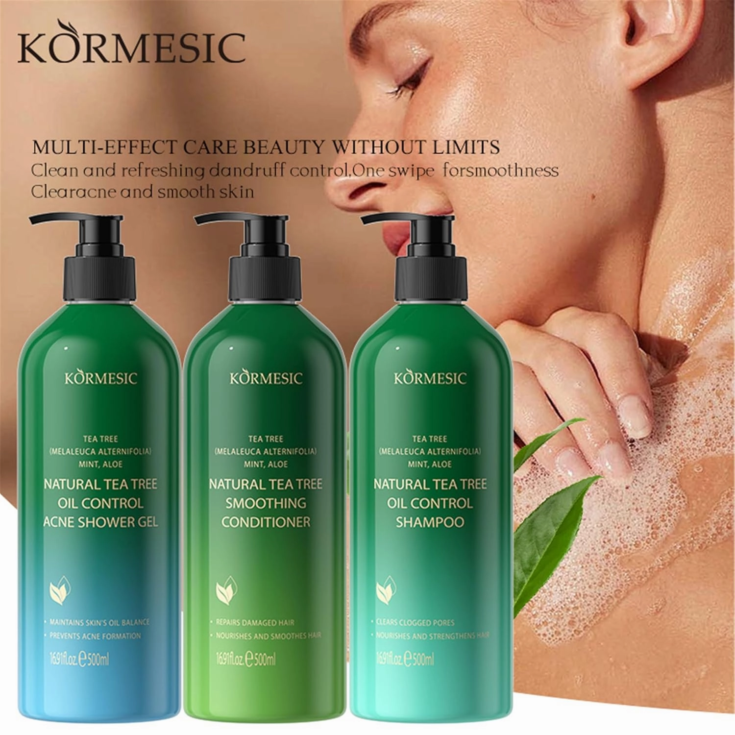 KORMESIC Tea Tree Shampoo, Conditioner & Body Wash for Smooth Hair & Skin, 500ml (16.9 fl.oz) - Hydrating, Nourishing, Refreshing (Natural Tea Tree Softening Hair Conditioner 500ml)