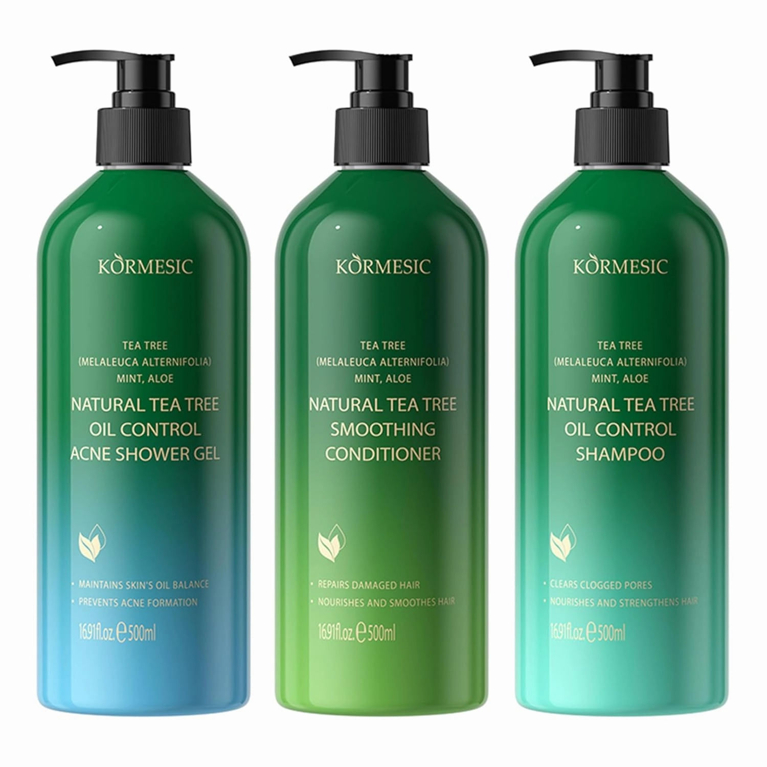 KORMESIC Tea Tree Shampoo, Conditioner & Body Wash for Smooth Hair & Skin, 500ml (16.9 fl.oz) - Hydrating, Nourishing, Refreshing (Natural Tea Tree Softening Hair Conditioner 500ml)