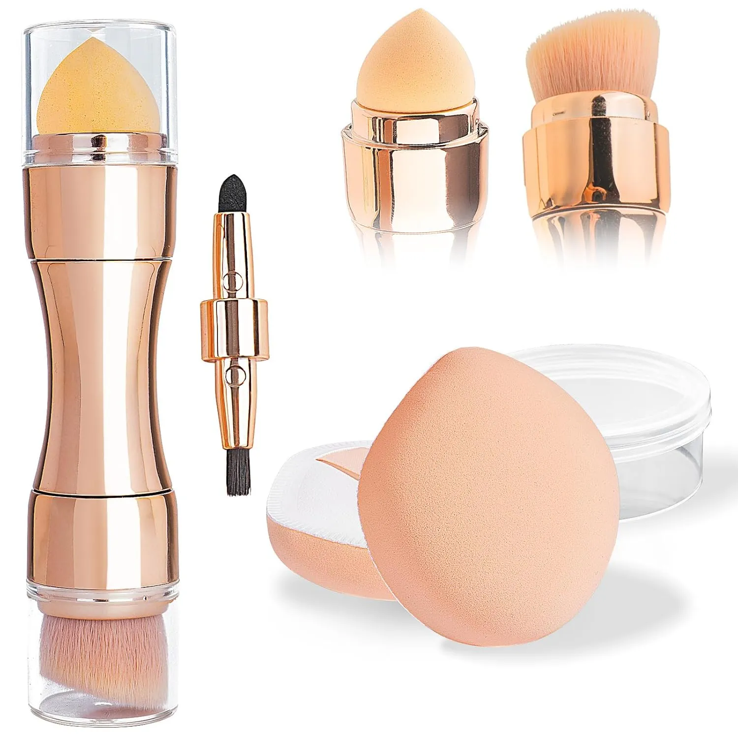 kullder 4-in-1 Makeup Brush Travel Makeup Brush set Dual Ended Mini Makeup Brush Pen Foundation Powder Concealer Shadow Blush Makeup Brushes with Sponge Puff Womens Gift Idea for Beauty Lover