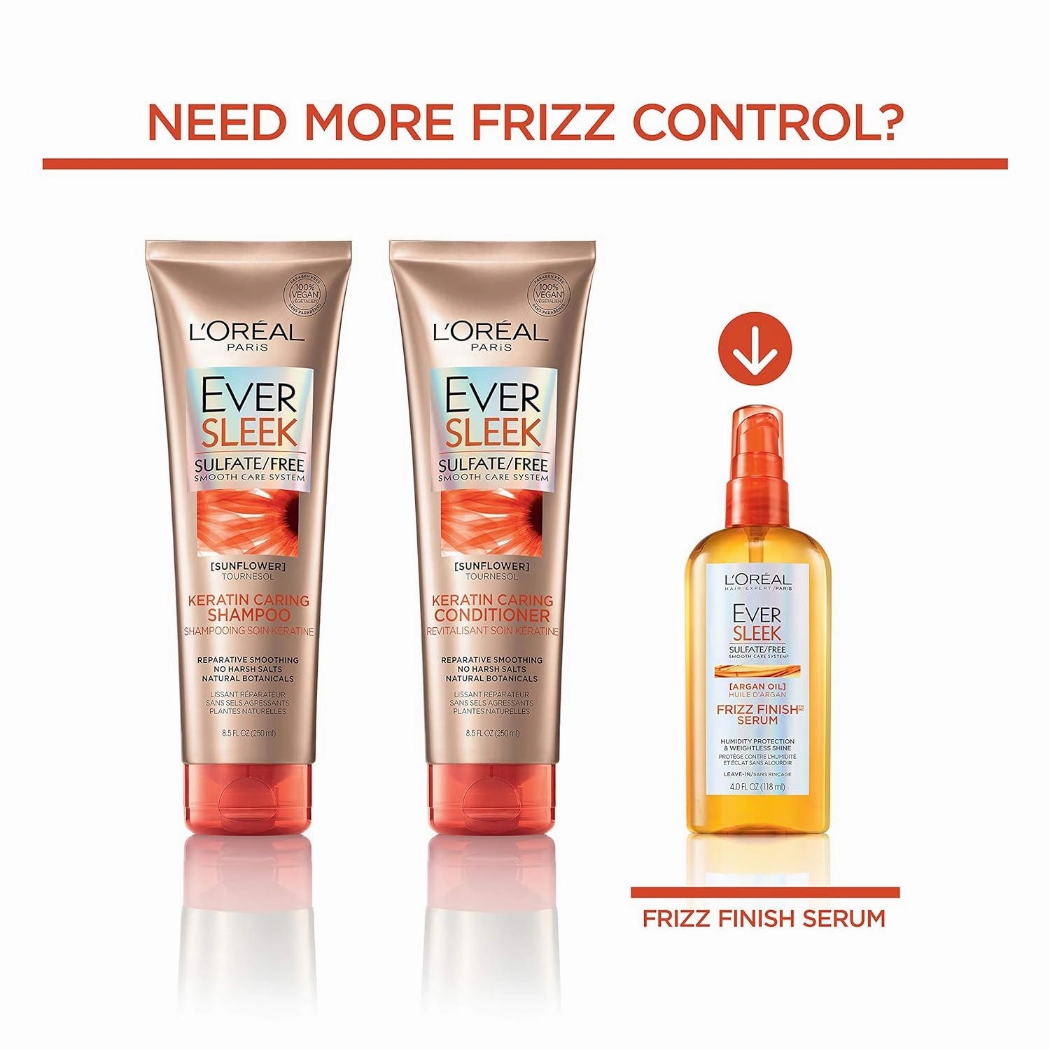 L'Oreal Paris EverSleek Keratin Caring Conditioner, with Sunflower Oil, 2 Count (8.5 Fl; Oz each)