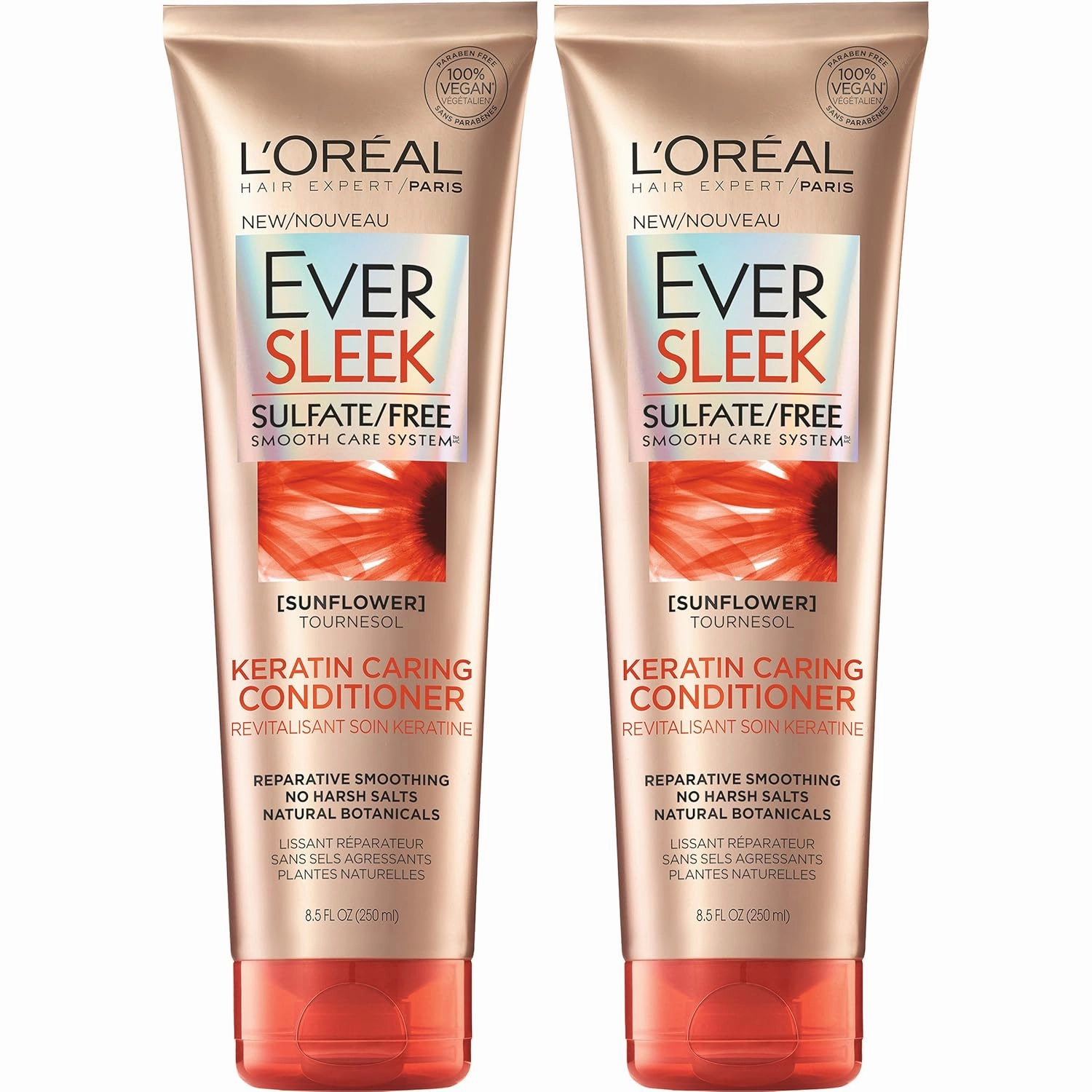 L'Oreal Paris EverSleek Keratin Caring Conditioner, with Sunflower Oil, 2 Count (8.5 Fl; Oz each)