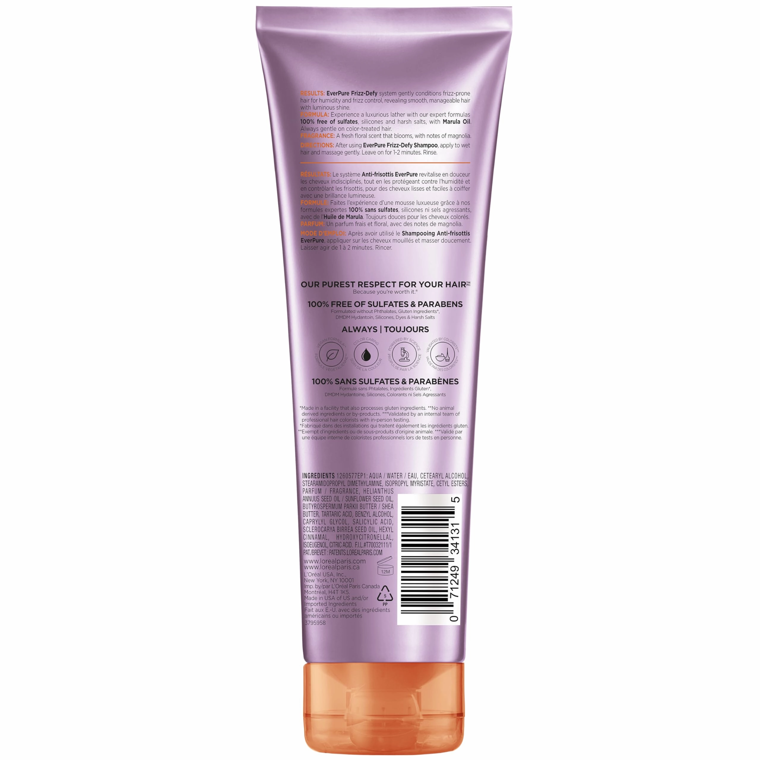 L'Oreal Paris Sulfate Free Frizz Defy Conditioner, Frizz Control Hair Care with Marula Oil, EverPure, 8.5 Fl Oz (Packaging May Vary)