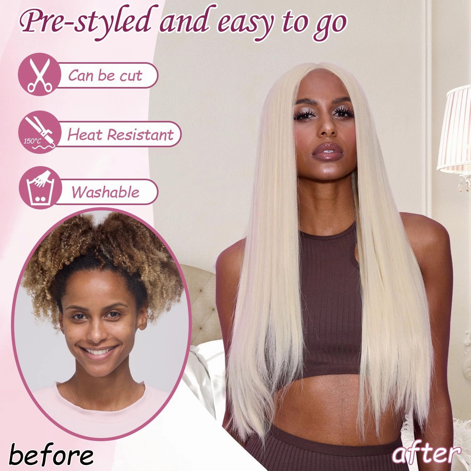 L'veetie 28 Inch Blonde Wigs for Women, 13x6 HD Lace Front Wig With Pre-Plucked Hairline, Ready to Wear Natural Looking Straight Hair Wigs, Heat Resistant Synthetic Ash Blonde Wigs for Party Daily Us