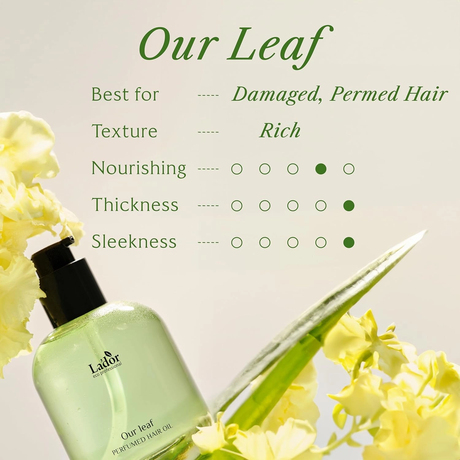 LA'DOR Hair Perfume Oil for Damaged Permed Hair - Anti-Frizz Nourishing Fragrance Glassy Shiny Oil Serum Leave-In Conditioner Hold Curls & Waves Bouncy No Alcohol 1 Fl Oz 04 Our Leaf LADOR Korean