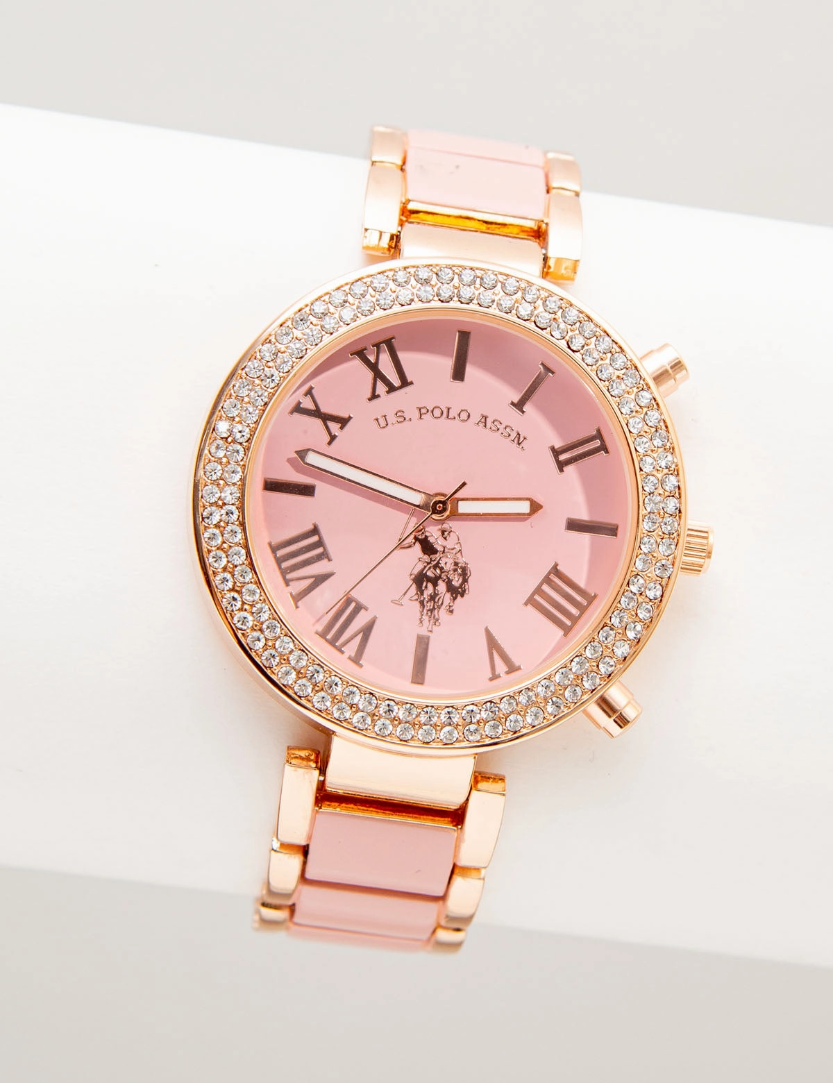 LADIES ROSE GOLD AND BLUSH ENAMEL LINK WATCH