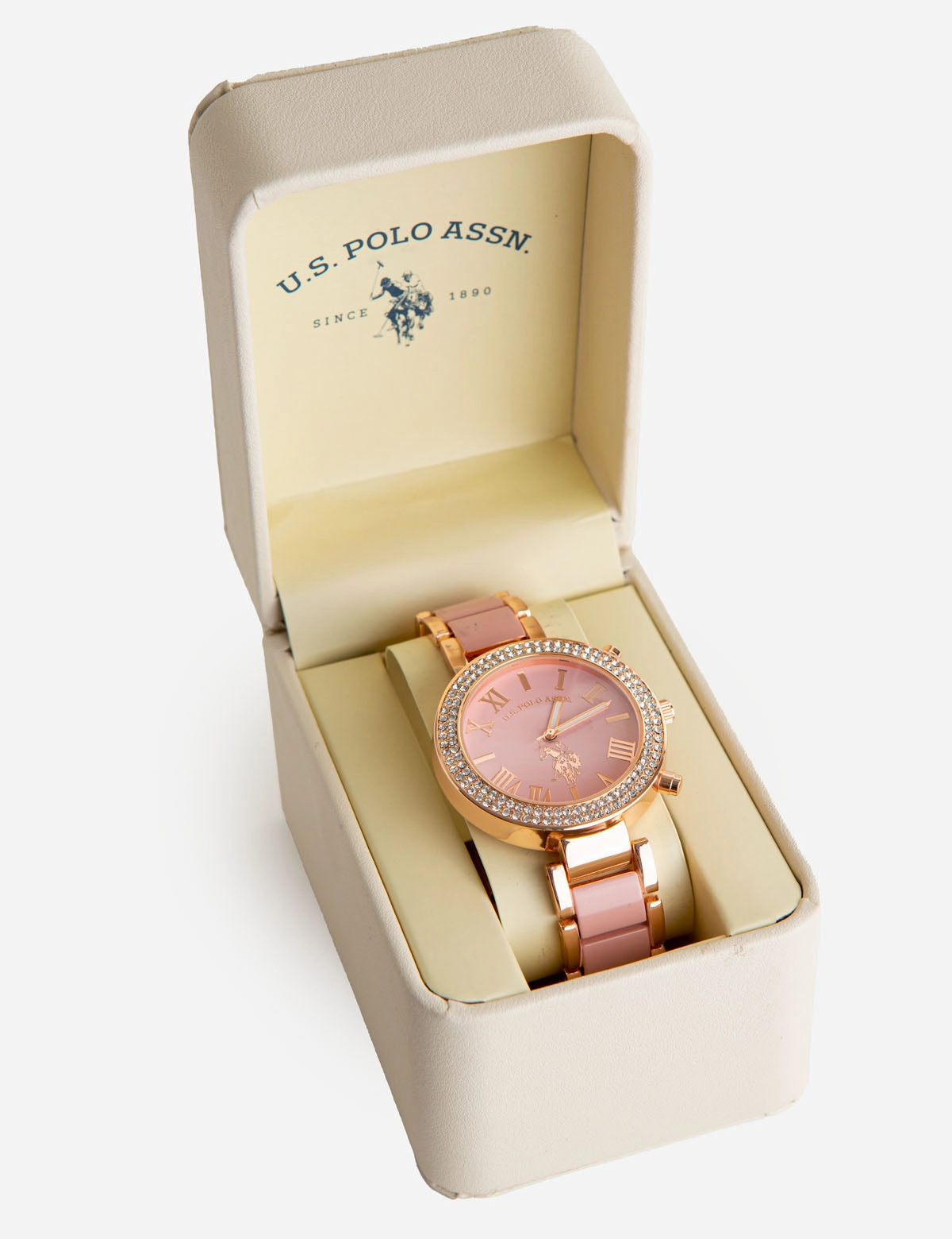 LADIES ROSE GOLD AND BLUSH ENAMEL LINK WATCH