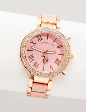 LADIES ROSE GOLD AND BLUSH ENAMEL LINK WATCH