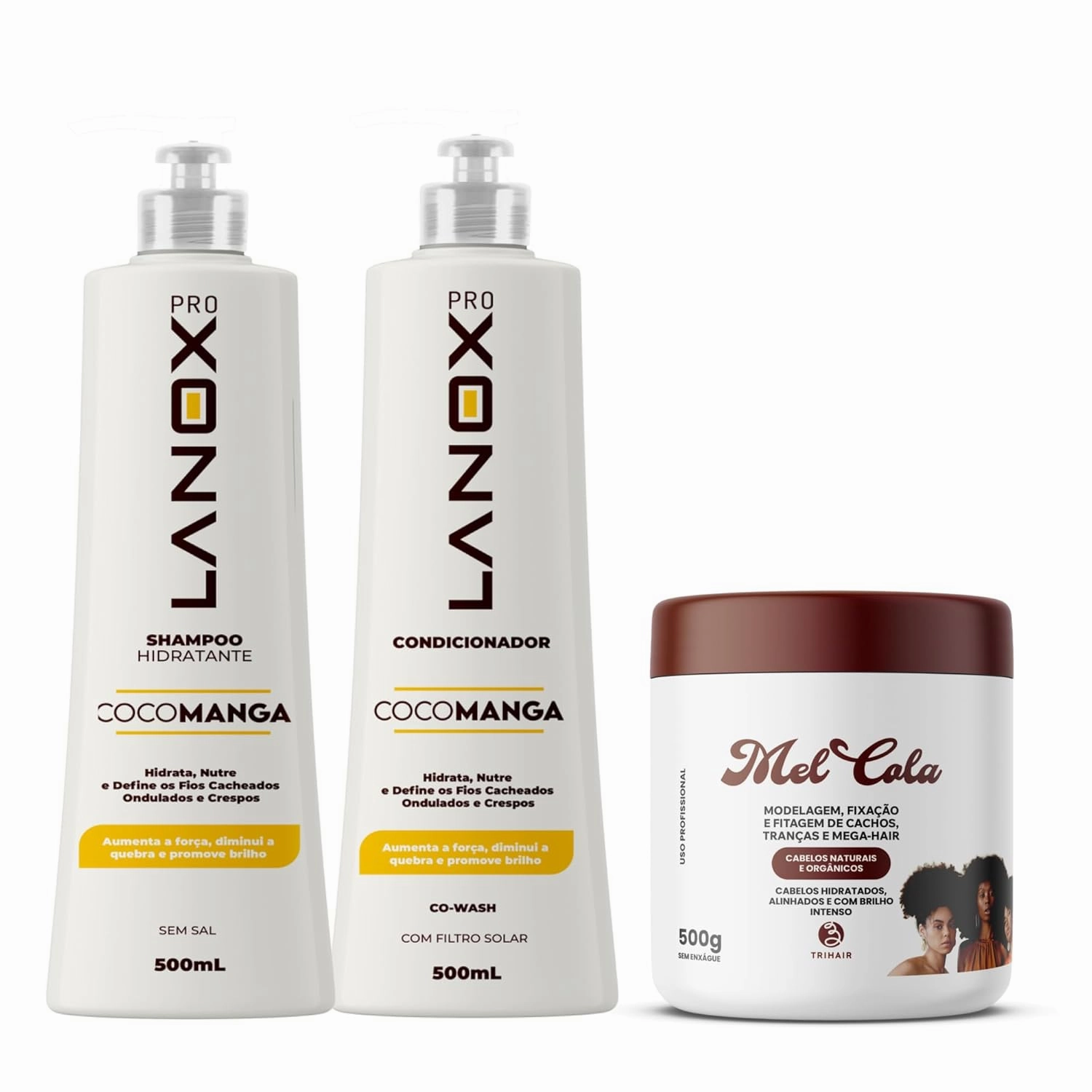 Lanox CocoManga 3-Piece Curly Hair Bundle – Shampoo (16.9 fl oz), Conditioner (16.9 fl oz) & Mel Cola Curl Gel (17.6 oz) – Sulfate-Free – Deep Moisture & Definition for Natural Hair