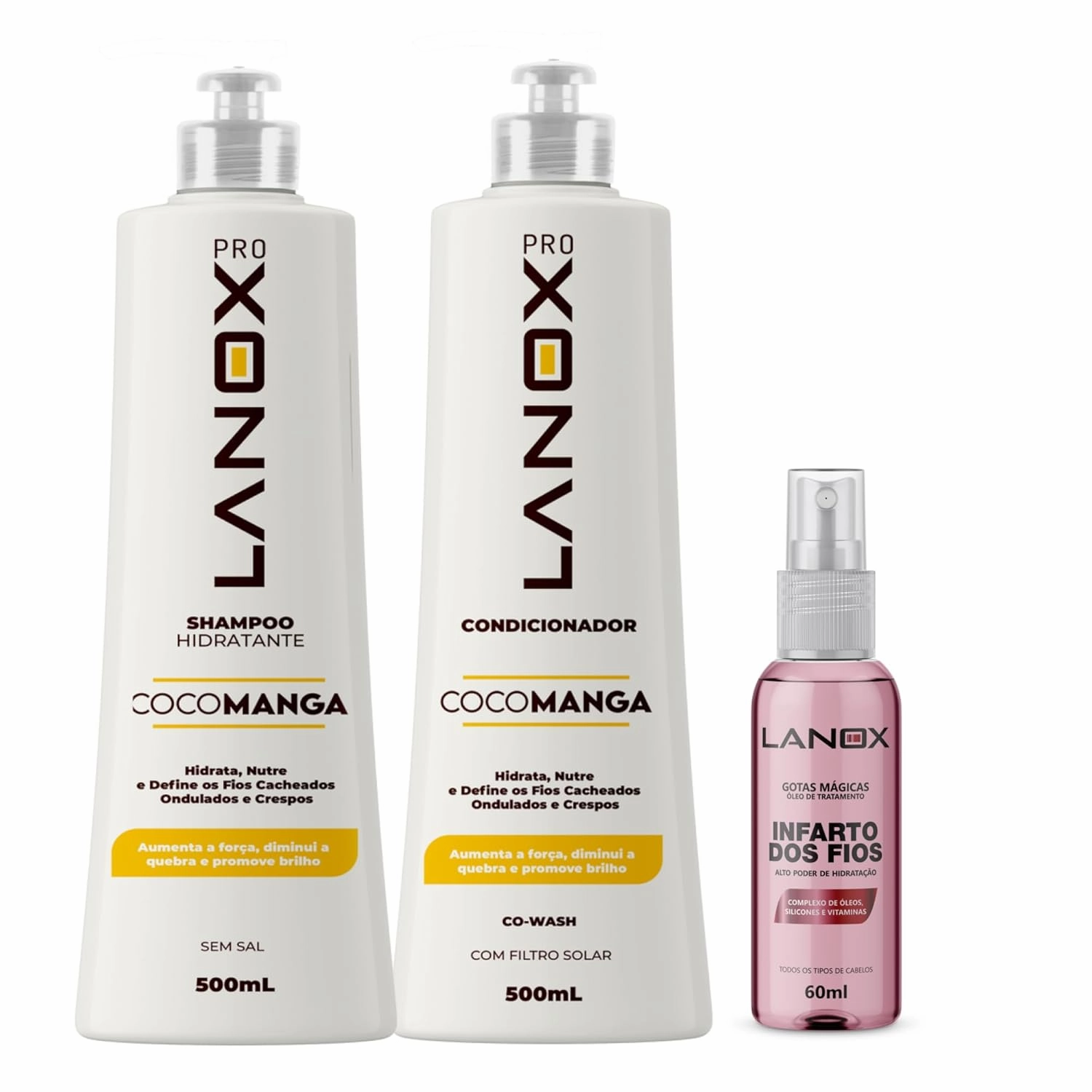 Lanox Cocomanga Hair Care Kit – Shampoo 500ml, Conditioner 500ml & Magical Drops Oil Serum 60ml – Intense Repair & Shine – Coconut & Mango Blend