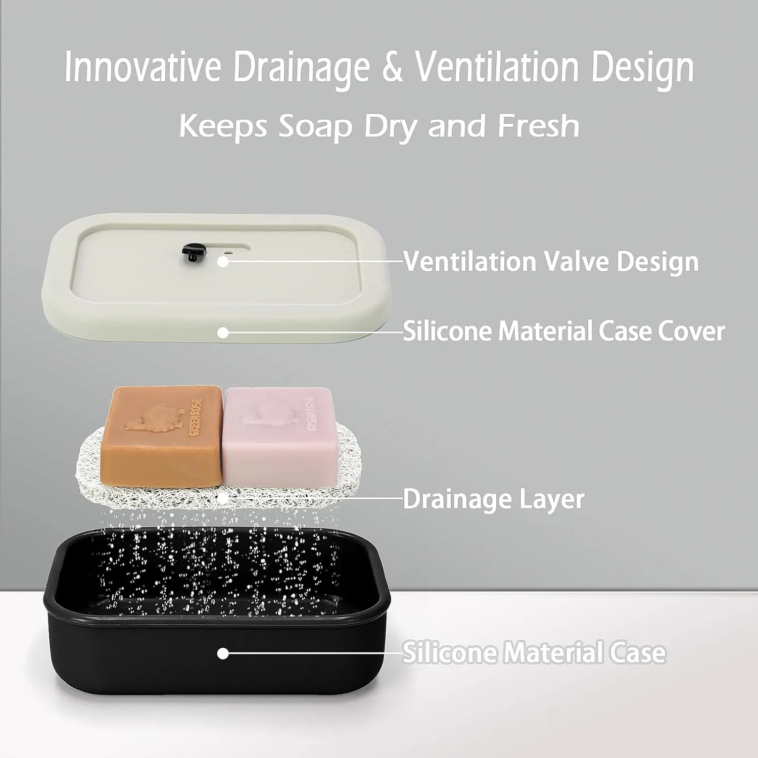 Large Leak Proof Travel Soap Case, Silicone Bar Soap Holder for Traveling, Portable Soap Container with Draining Layer (Offwhite&Bla