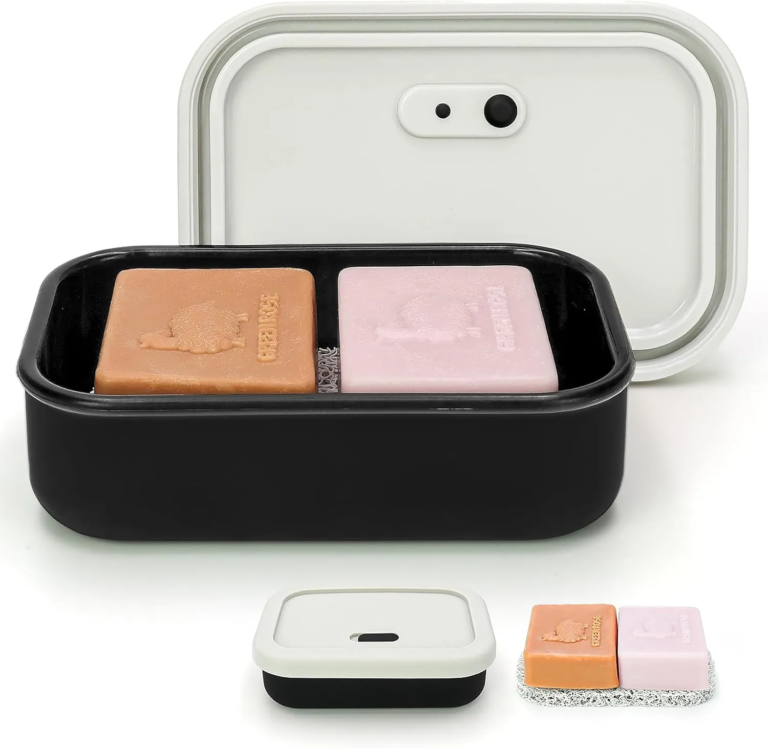 Large Leak Proof Travel Soap Case, Silicone Bar Soap Holder for Traveling, Portable Soap Container with Draining Layer (Offwhite&Bla