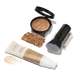 LAURA GELLER NEW YORK Everyday Routine Kit - Baked Balance-N-Brighten Color Correcting Powder Foundation, Sand   Retractable Angled Kabuki   Spackle Makeup Primer, Champagne Glow (3 PC)