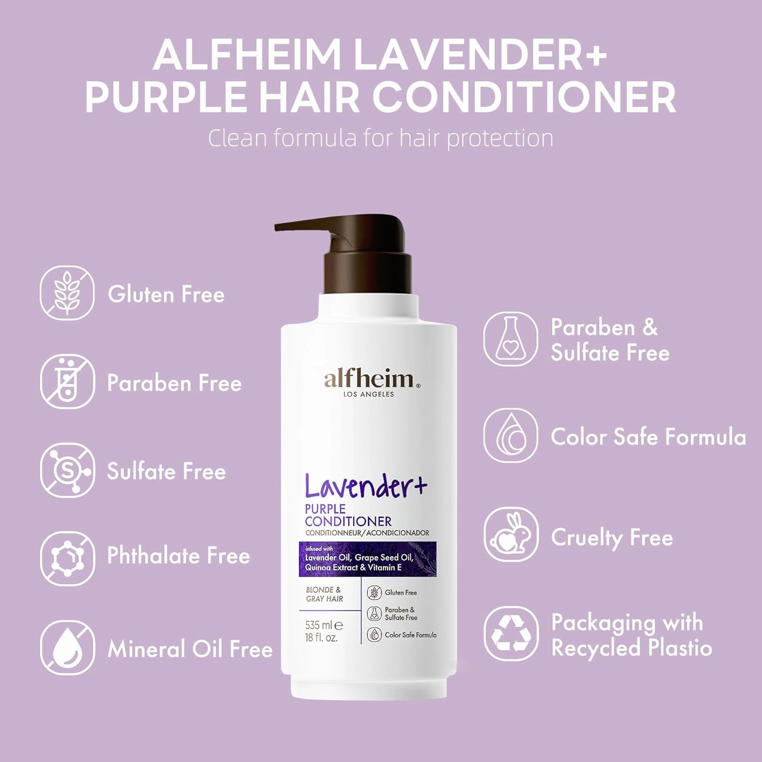 Lavender  Purple Conditioner | Anti-Brass & Yellow Tones | Hydrating & Smoothing Conditioner for Blonde, Platinum & Gray Hair | Sulfate-Free, Color-Safe, with Lavender & Grape Seed Oil 18 oz