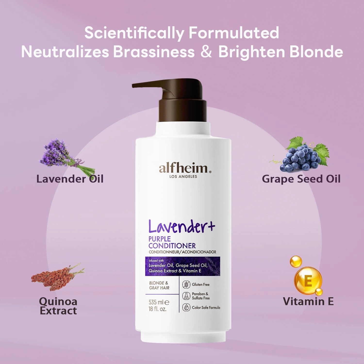 Lavender  Purple Conditioner | Anti-Brass & Yellow Tones | Hydrating & Smoothing Conditioner for Blonde, Platinum & Gray Hair | Sulfate-Free, Color-Safe, with Lavender & Grape Seed Oil 18 oz