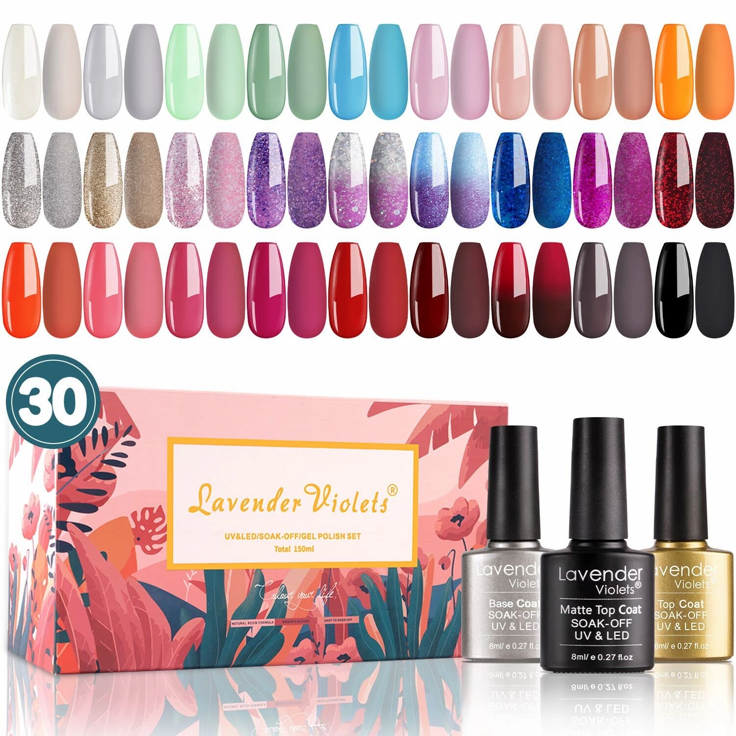 Lavender Violets Gel Nail Polish Kit 27 3 Colors Sparkle Solid Color Changing Gel Pink Blue Red Orange with Base & No Wipe Top & Matte Top Coat for Nail Art Design C972