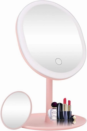 LED Makeup Mirror Vanity Mirror with Lights,3 Color Lighting Modes,5X Magnification,Touch Screen Switch,90 Degree Rotation,Portable Detachable Countertop Circle Tabletop Desk Face Mirror（Pink）