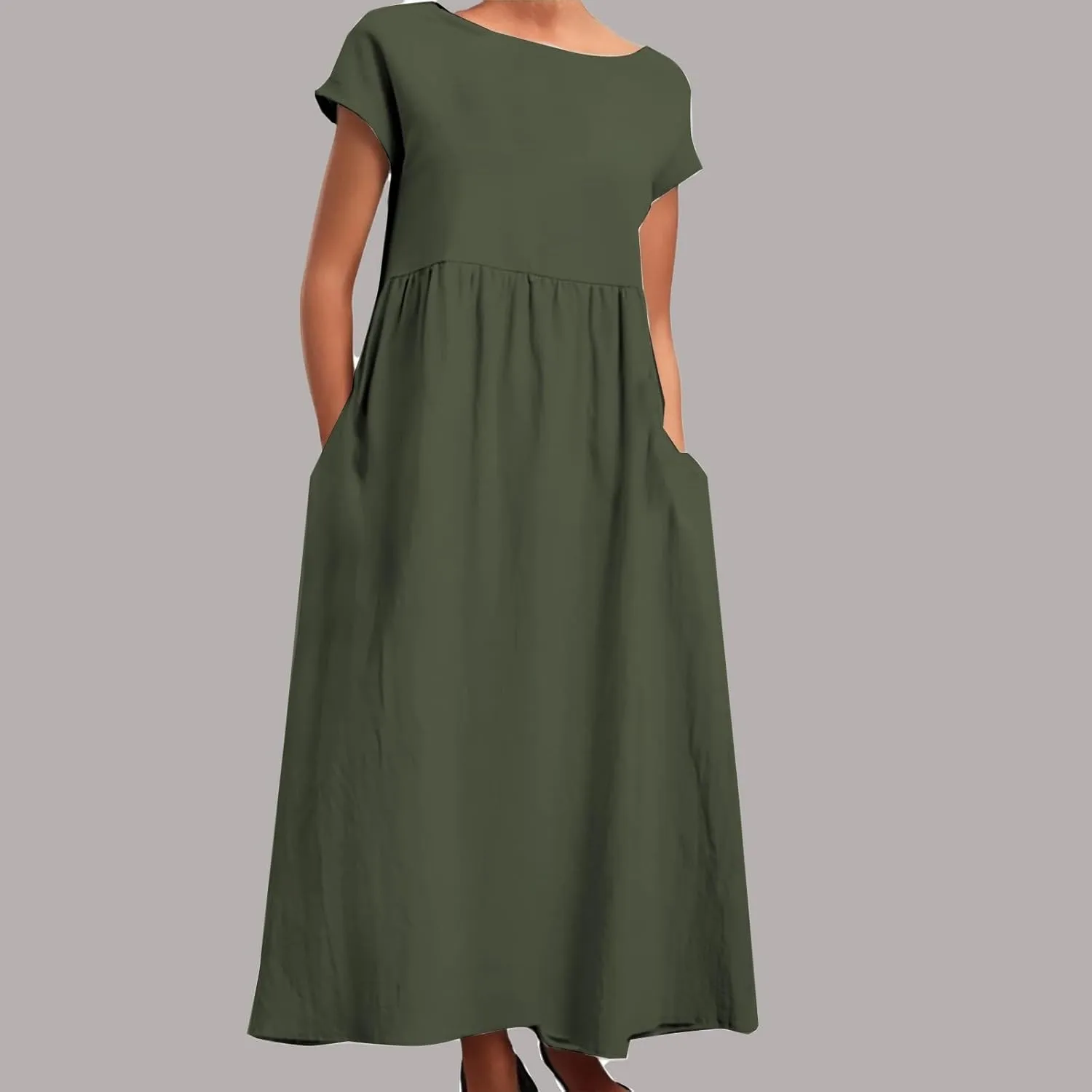 Linen Maxi Dress for Women Short Sleeve Crewneck Flowy Sundress Beach Dresses with Pockets Summer Trendy 2025
