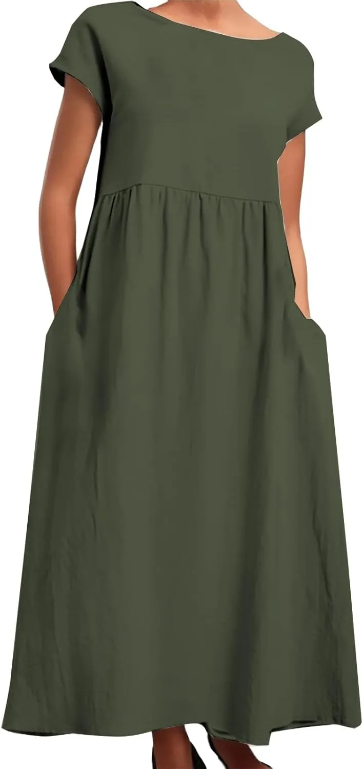 Linen Maxi Dress for Women Short Sleeve Crewneck Flowy Sundress Beach Dresses with Pockets Summer Trendy 2025