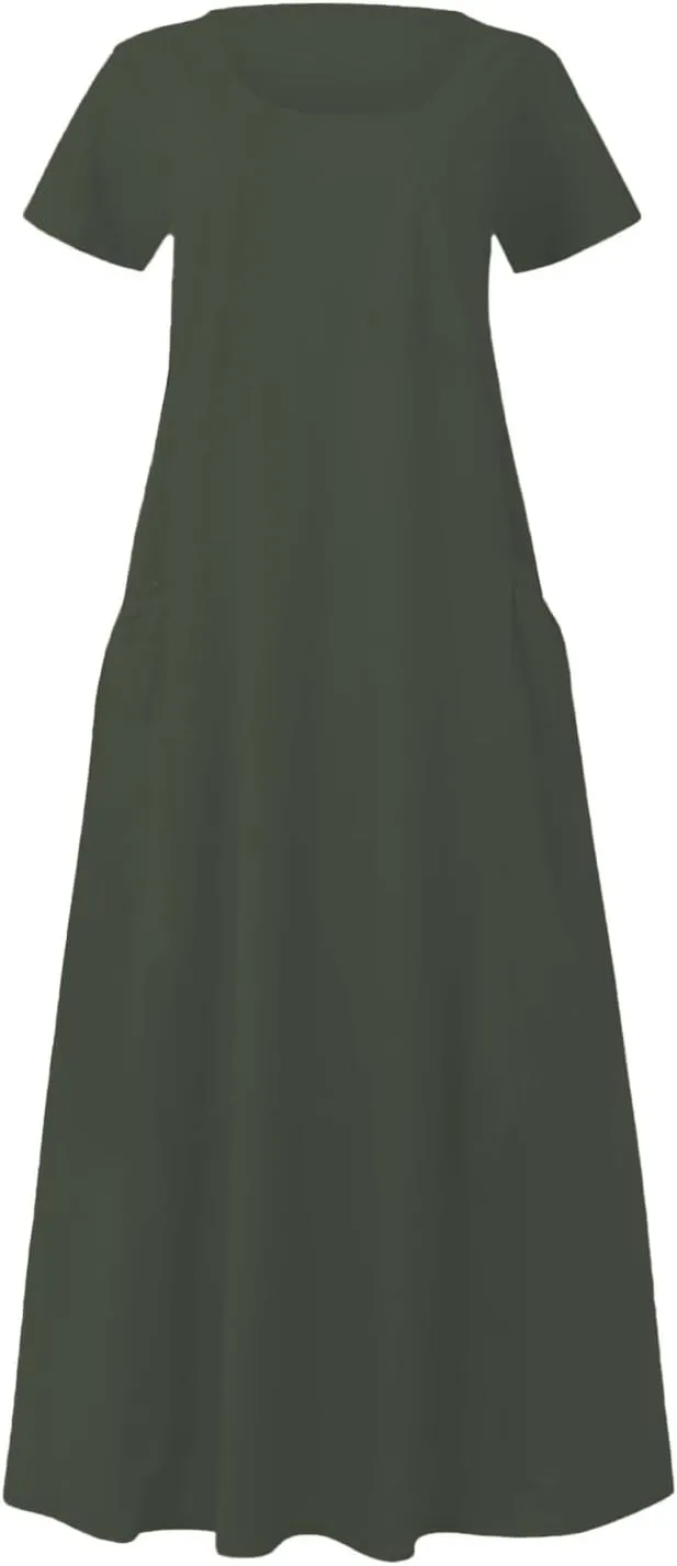 Linen Maxi Dress for Women Short Sleeve Crewneck Flowy Sundress Beach Dresses with Pockets Summer Trendy 2025