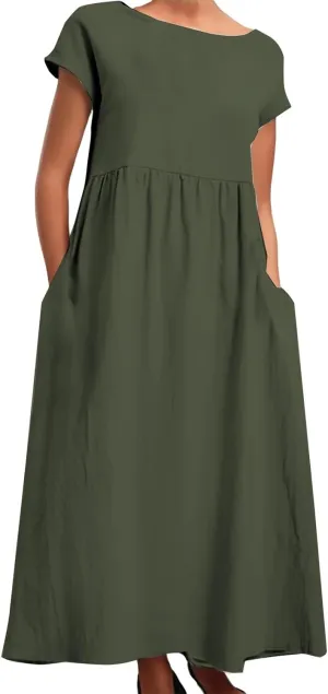 Linen Maxi Dress for Women Short Sleeve Crewneck Flowy Sundress Beach Dresses with Pockets Summer Trendy 2025